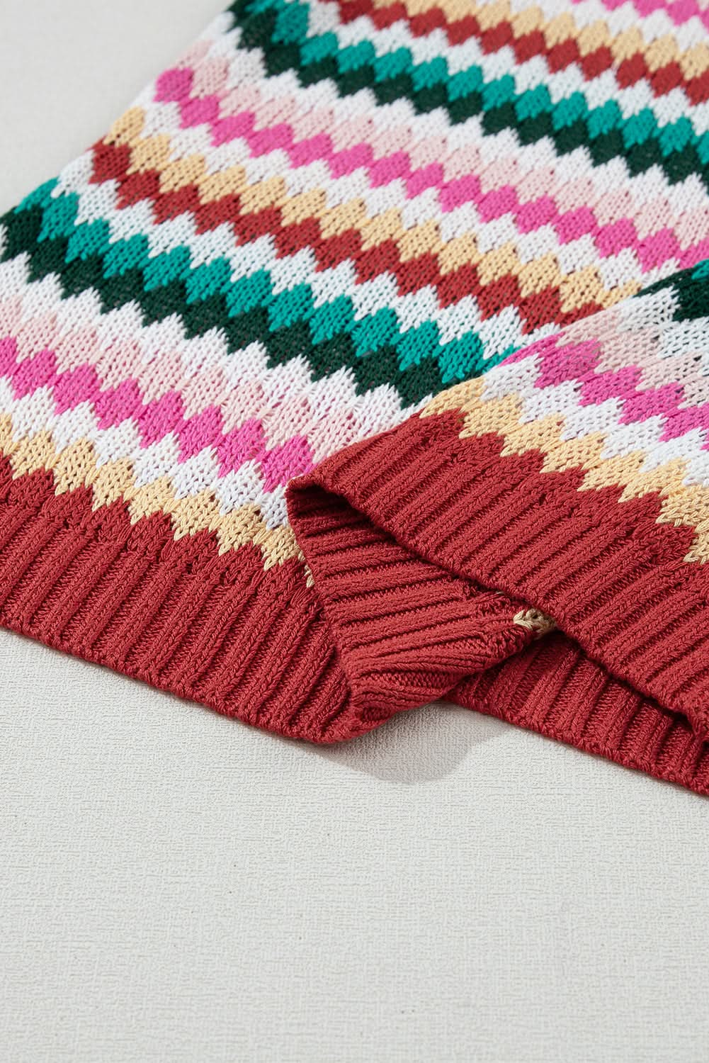 Fiery Red Trimmed Ruffle Sleeve Colorful Textured Sweater - Love Salve